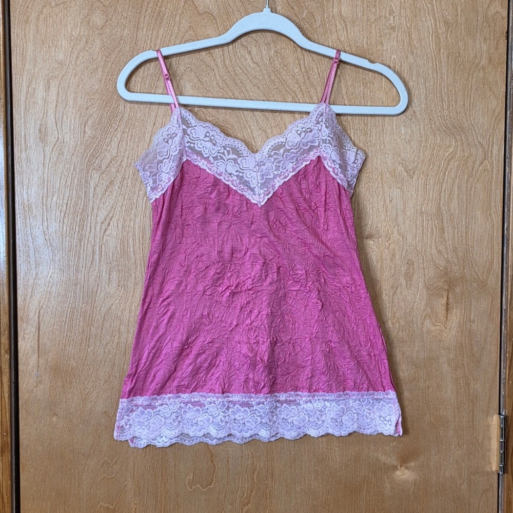 Vintage Y2K Two Tone Pink Crinkle Lace Trim Camisole Top Sz S Adjustable Straps